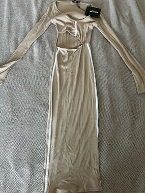 PrettyLittleThing Beige Ribbed Maxi Dress with White Trim